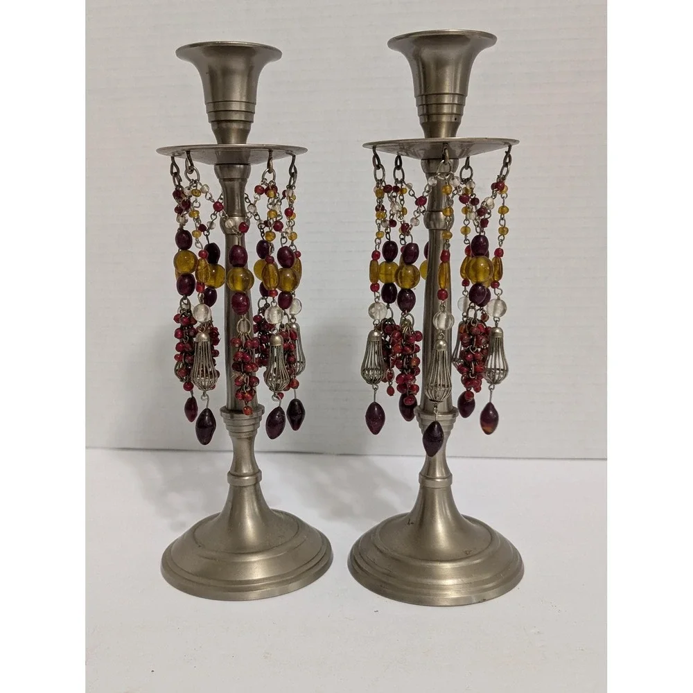 Vintage pair silver toned beaded dangles candle stick holders